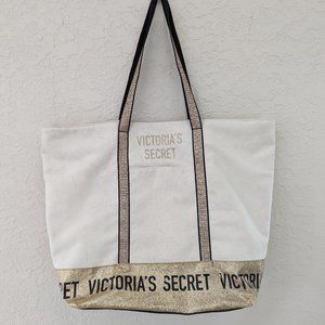 Victoria's Secret Fabric Weekender Tote Beach Bag Gold Glitter